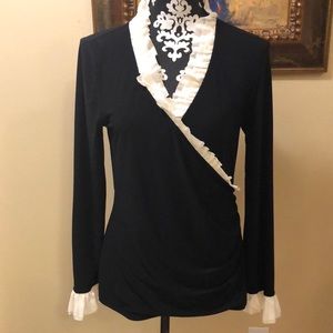 😍 WHBM High collar ruffle crossover front and at wrists absolutely stunning top